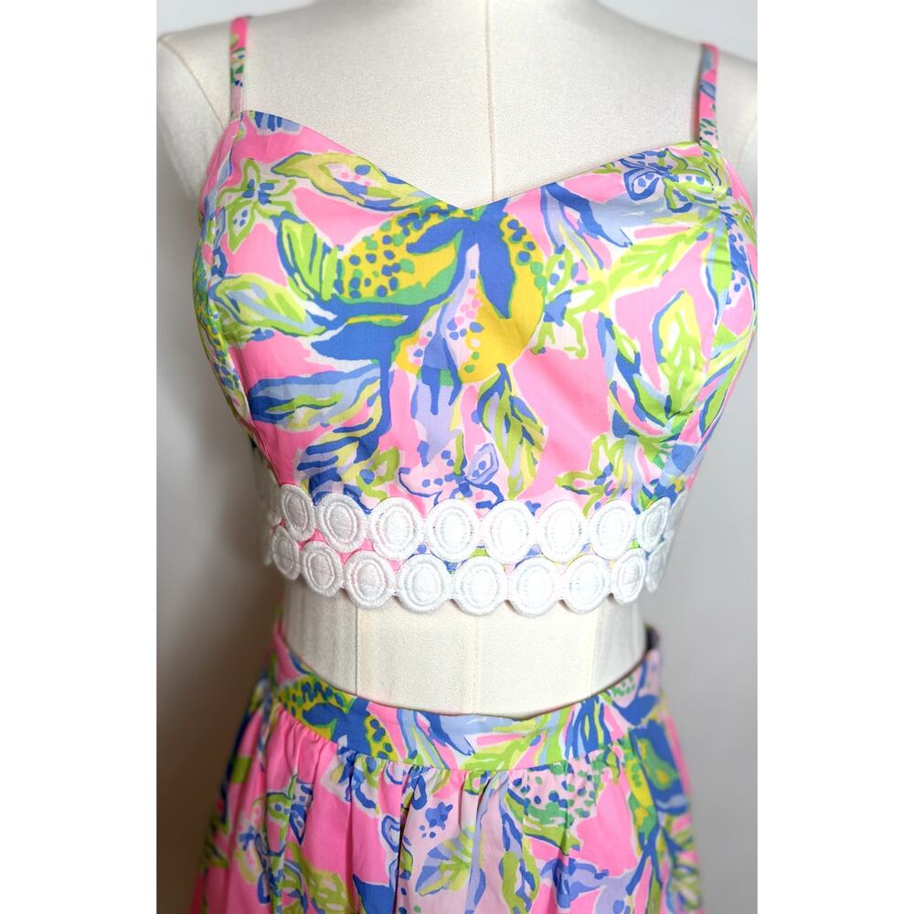 Lilly Pulitzer Pink Tropical Print Two-Piece Crop Top & Midi Skirt Set NWT - Picture 8 of 11